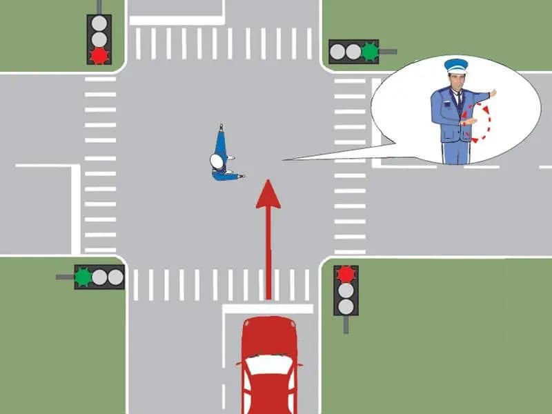 Poliţistul din intersecţie semnalizează conducătorul auto să mărească viteza. Cum trebuie să procedeze acesta?