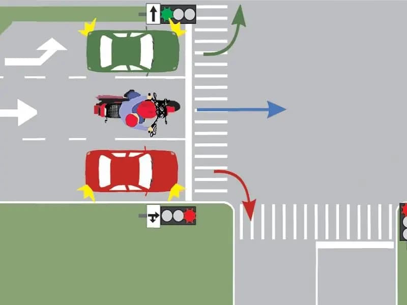 Precizaţi dacă motociclistul din imagine are voie să intre în intersecţie: